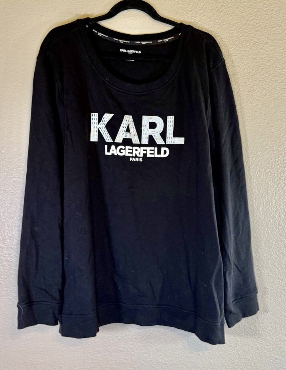 Karl Lagerfeld Paris Plus 3X Sweatshirt Top Black Crew Bling Jewel Pullover Logo